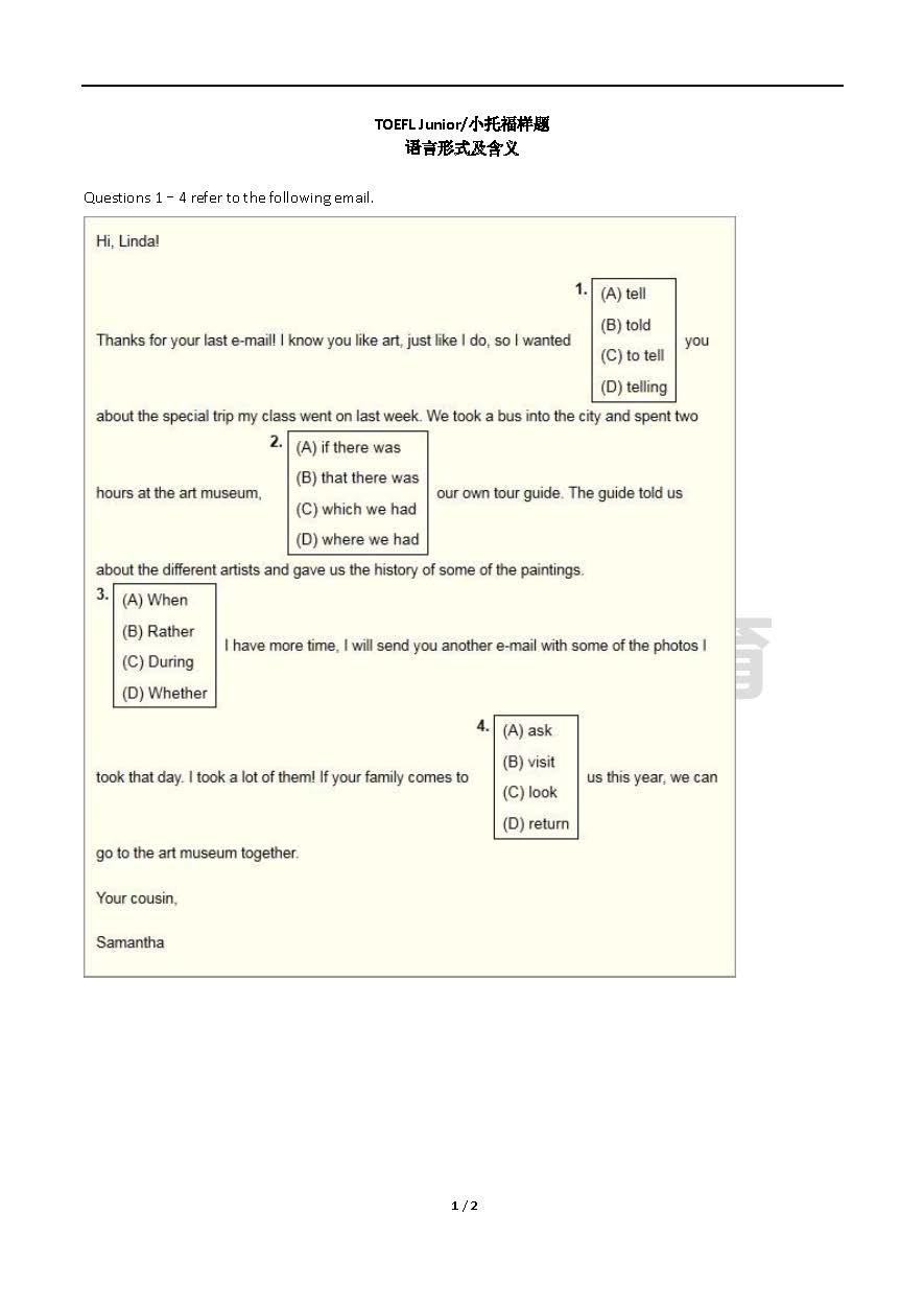 TOEFL Junior/小托福语言形式及含义样题1